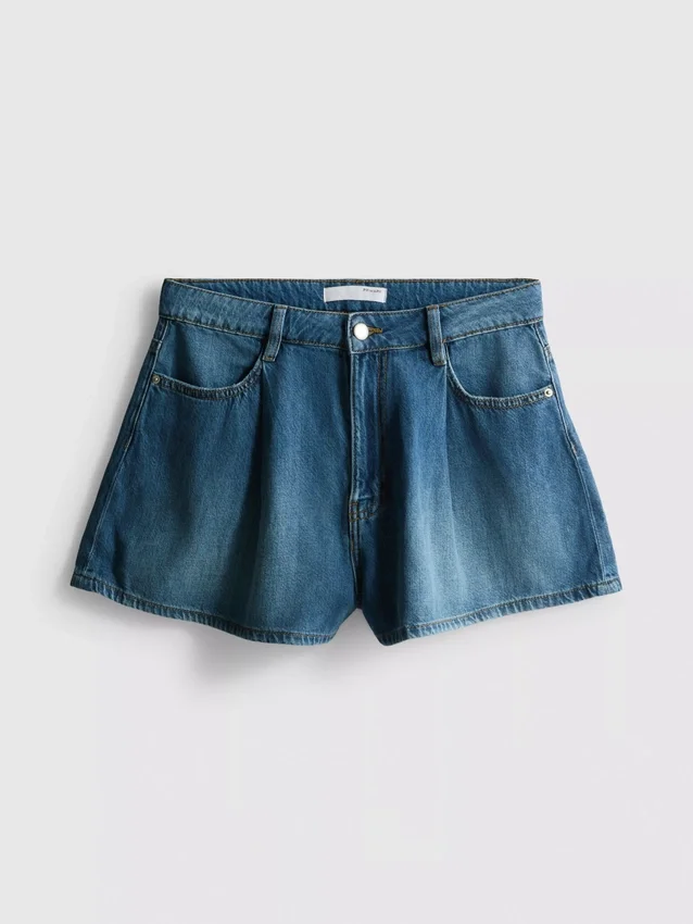 Pantaloni scurți evazați din denim cu pliuri, cu conținut ridicat de bumbac Pantaloni scurți evazați din denim cu pliuri, cu conținut ridicat de bumbac