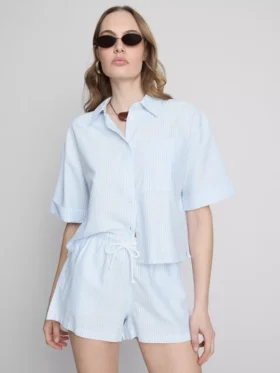 Pantaloni scurți oxford cu dungi și talie înaltă