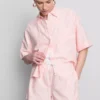 Pantaloni scurți oxford cu dungi și talie înaltă Pantaloni scurți oxford cu dungi și talie înaltă