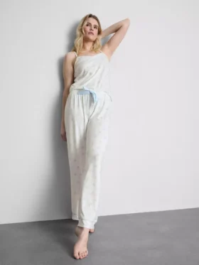 Pijamale cu top tip cami cu fundă din satin imprimat