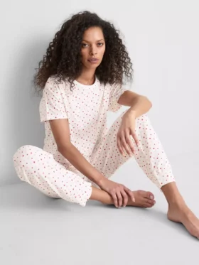 Pijamale din bumbac cu pantaloni scurți și imprimeu