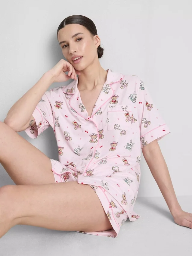 Pijamale scurte tip „boyfriend” cu imprimeu teddy Pijamale scurte tip „boyfriend” cu imprimeu teddy