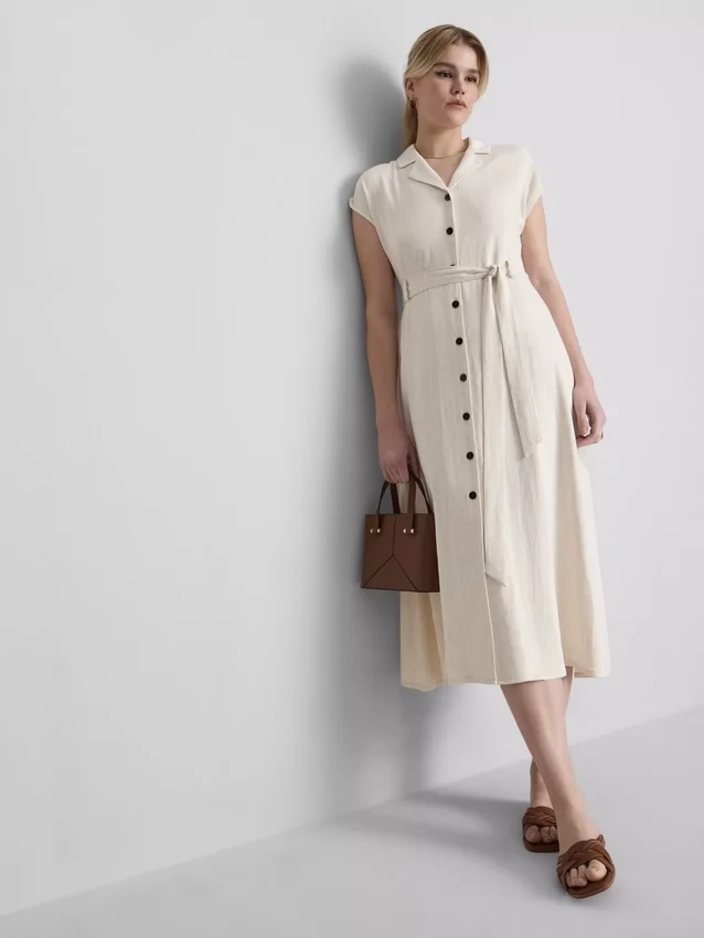 Rochie-cămașă midi cu mâneci scurte Rochie-cămașă midi cu mâneci scurte