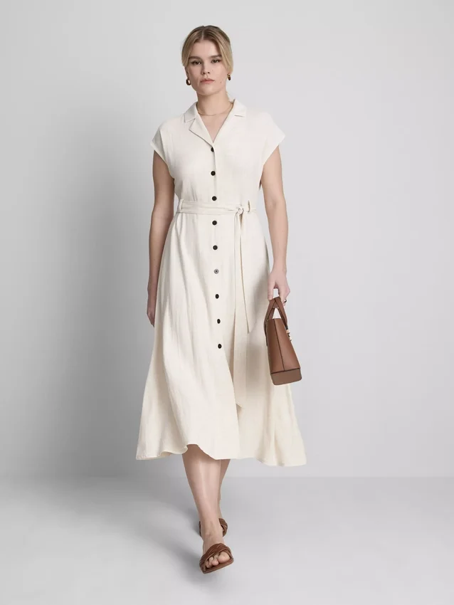 Rochie-cămașă midi cu mâneci scurte Rochie-cămașă midi cu mâneci scurte