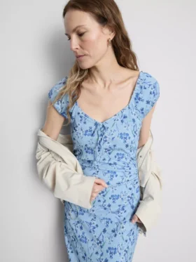Rochie midi cu efect de șifonare, cu decolteu în formă de inimă