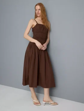 Rochie midi din bumbac, cu guler pătrat și volane