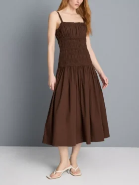 Rochie midi din bumbac, cu guler pătrat și volane