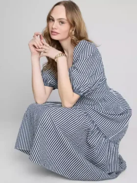 Rochie midi din bumbac seersucker, cu croi larg