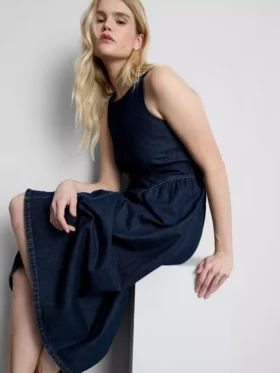 Rochie midi din denim de bumbac cu talie coborâtă Rochie midi din denim de bumbac cu talie coborâtă