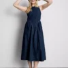 Rochie midi din denim de bumbac cu talie coborâtă Rochie midi din denim de bumbac cu talie coborâtă