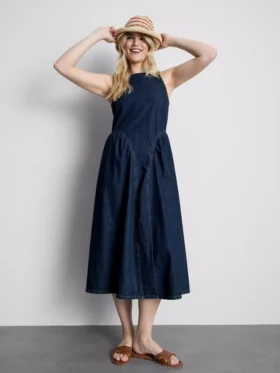 Rochie midi din denim de bumbac cu talie coborâtă Rochie midi din denim de bumbac cu talie coborâtă