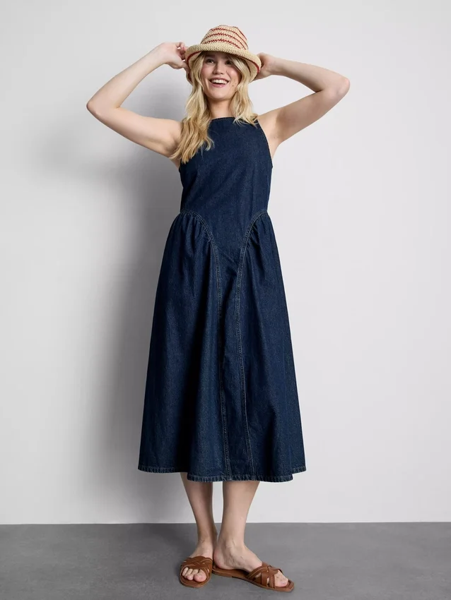 Rochie midi din denim de bumbac cu talie coborâtă Rochie midi din denim de bumbac cu talie coborâtă