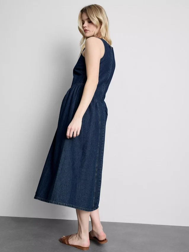 Rochie midi din denim de bumbac cu talie coborâtă Rochie midi din denim de bumbac cu talie coborâtă