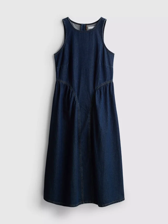 Rochie midi din denim de bumbac cu talie coborâtă Rochie midi din denim de bumbac cu talie coborâtă