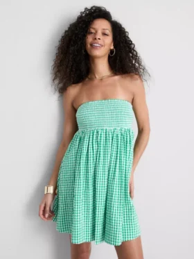Rochie mini bandeau din bumbac cu imprimeu gingham