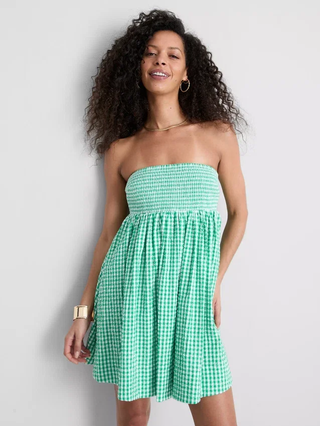 Rochie mini bandeau din bumbac cu imprimeu gingham Rochie mini bandeau din bumbac cu imprimeu gingham