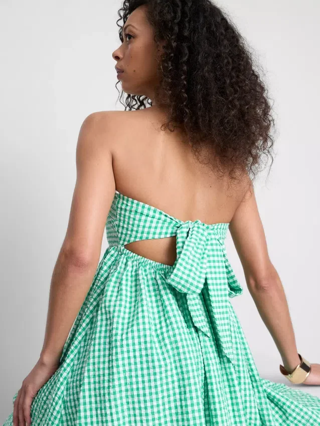 Rochie mini bandeau din bumbac cu imprimeu gingham Rochie mini bandeau din bumbac cu imprimeu gingham