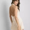 Rochie mini cu guler tip cowl, croșetată, cu bretele