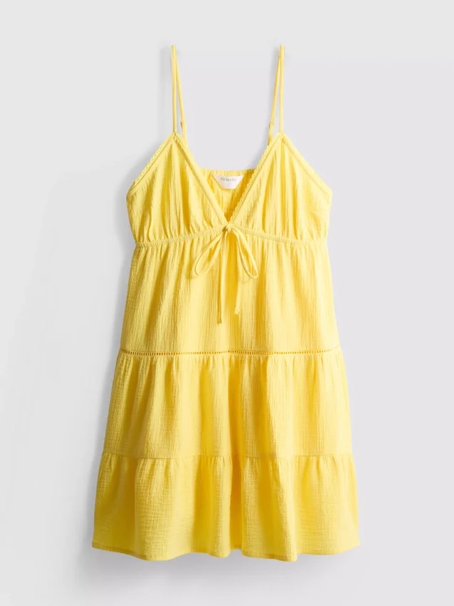 Rochie mini din bumbac cu decolteu în V și volane Rochie mini din bumbac cu decolteu în V și volane