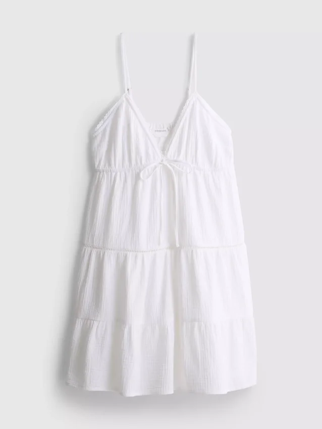 Rochie mini din bumbac cu decolteu în V și volane Rochie mini din bumbac cu decolteu în V și volane