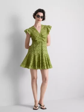 Rochie mini din bumbac cu ochiuri și volane