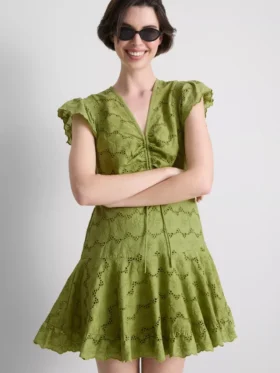 Rochie mini din bumbac cu ochiuri și volane