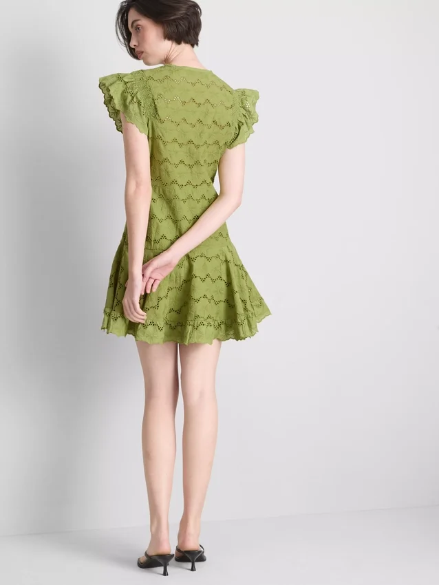 Rochie mini din bumbac cu ochiuri și volane Rochie mini din bumbac cu ochiuri și volane
