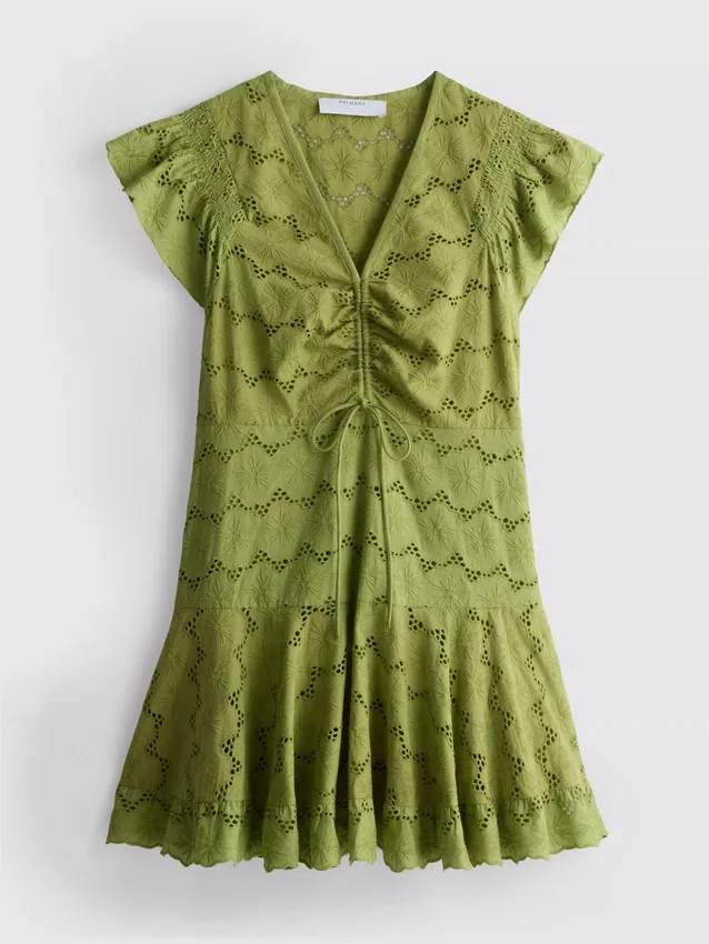Rochie mini din bumbac cu ochiuri și volane Rochie mini din bumbac cu ochiuri și volane