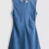 Rochie mini din denim de bumbac, cu croi în A