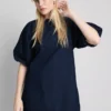 Rochie mini din denim de bumbac cu mâneci bufante Rochie mini din denim de bumbac cu mâneci bufante