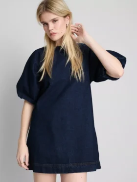 Rochie mini din denim de bumbac cu mâneci bufante