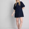 Rochie mini din denim de bumbac cu mâneci bufante Rochie mini din denim de bumbac cu mâneci bufante
