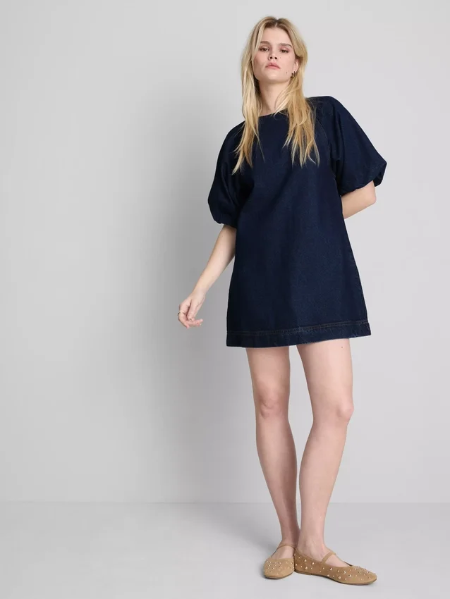 Rochie mini din denim de bumbac cu mâneci bufante Rochie mini din denim de bumbac cu mâneci bufante