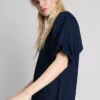 Rochie mini din denim de bumbac cu mâneci bufante Rochie mini din denim de bumbac cu mâneci bufante