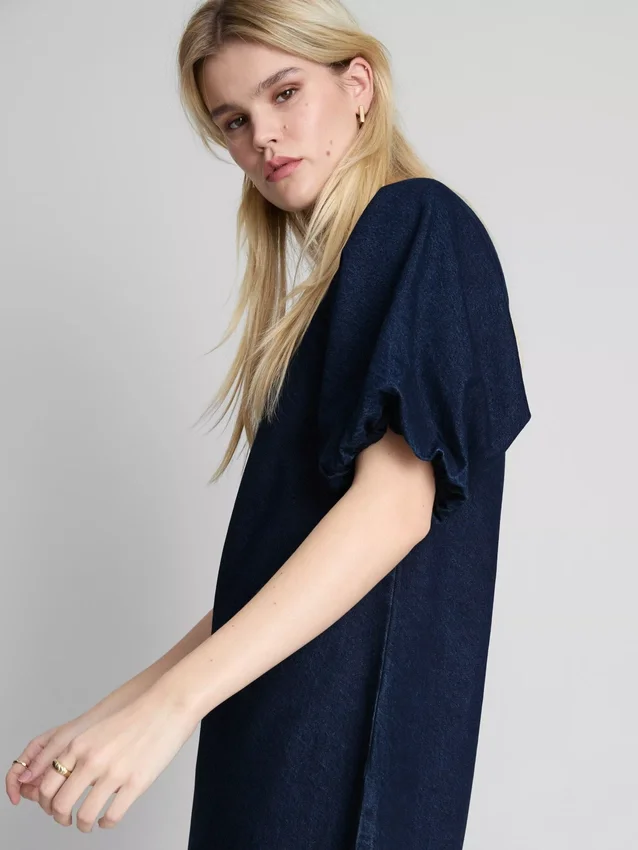 Rochie mini din denim de bumbac cu mâneci bufante Rochie mini din denim de bumbac cu mâneci bufante