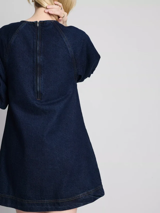 Rochie mini din denim de bumbac cu mâneci bufante Rochie mini din denim de bumbac cu mâneci bufante