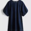 Rochie mini din denim de bumbac cu mâneci bufante Rochie mini din denim de bumbac cu mâneci bufante