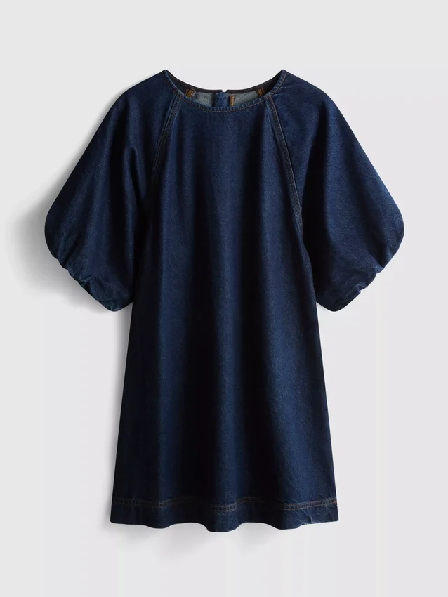 Rochie mini din denim de bumbac cu mâneci bufante Rochie mini din denim de bumbac cu mâneci bufante