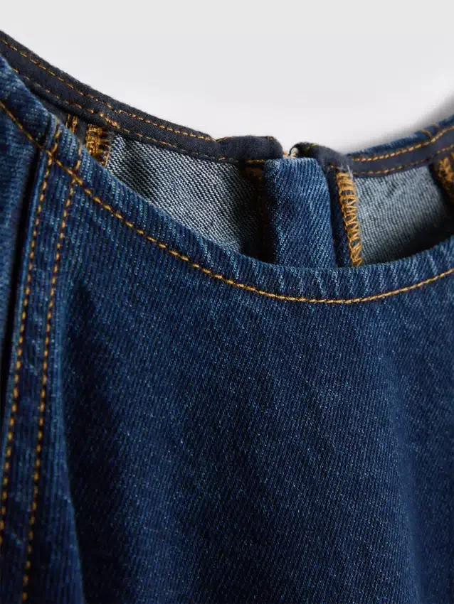 Rochie mini din denim de bumbac cu mâneci bufante Rochie mini din denim de bumbac cu mâneci bufante