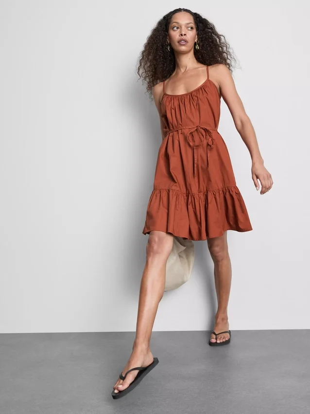 Rochie mini din poplin cu bretele și volane Rochie mini din poplin cu bretele și volane