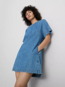 Rochie mini dreaptă din denim de bumbac Rochie mini dreaptă din denim de bumbac