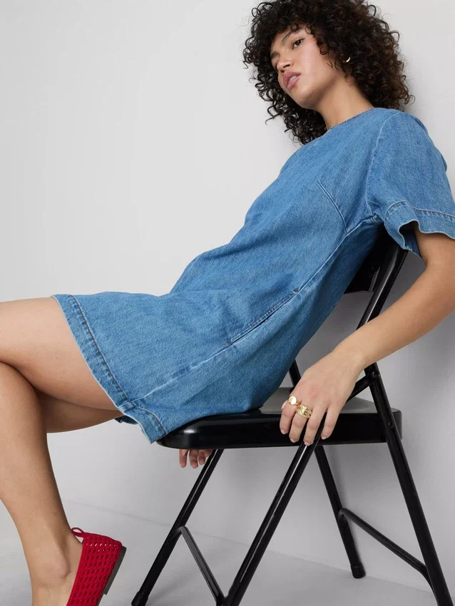 Rochie mini dreaptă din denim de bumbac Rochie mini dreaptă din denim de bumbac