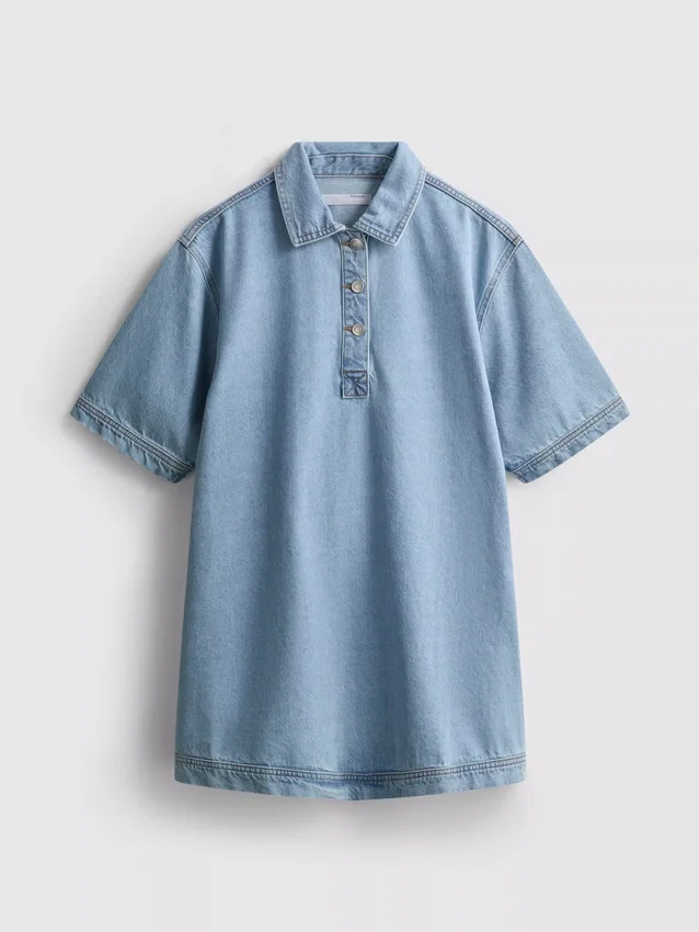 Rochie mini dreaptă din denim de bumbac, cu guler Rochie mini dreaptă din denim de bumbac, cu guler