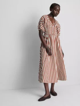 Rochie smock din bumbac cu dungi, lungime midi-ax