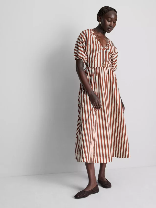 Rochie smock din bumbac cu dungi, lungime midi-ax Rochie smock din bumbac cu dungi, lungime midi-ax