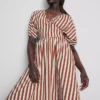 Rochie smock din bumbac cu dungi, lungime midi-ax Rochie smock din bumbac cu dungi, lungime midi-ax