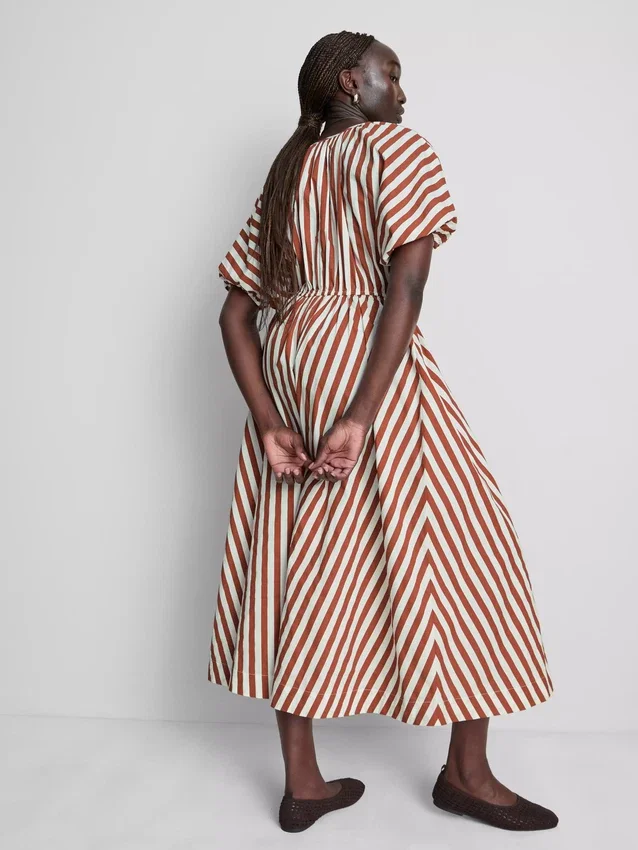 Rochie smock din bumbac cu dungi, lungime midi-ax Rochie smock din bumbac cu dungi, lungime midi-ax