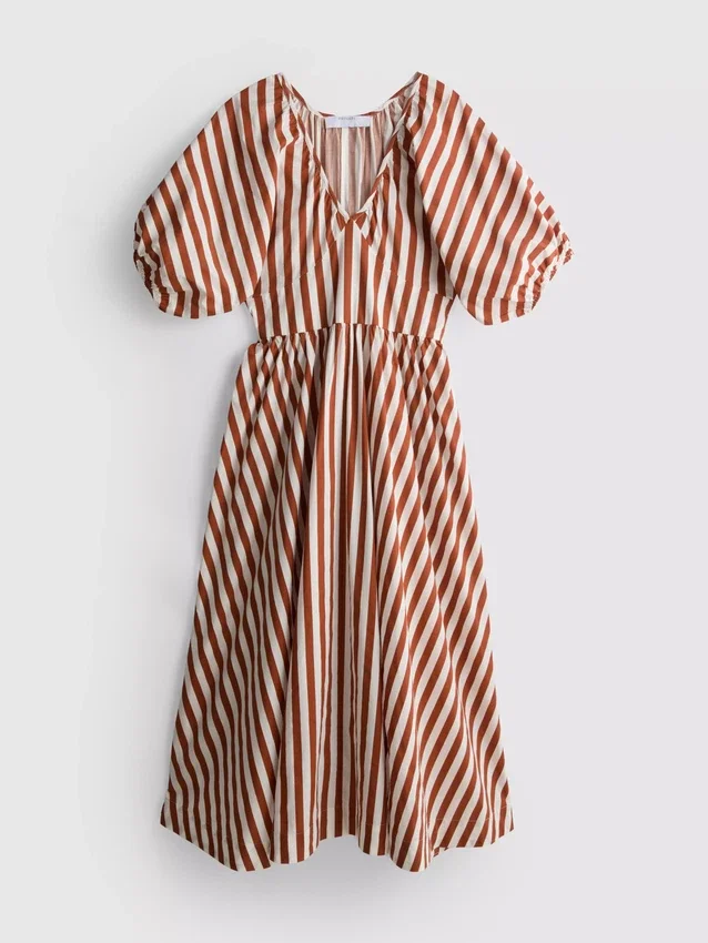 Rochie smock din bumbac cu dungi, lungime midi-ax Rochie smock din bumbac cu dungi, lungime midi-ax
