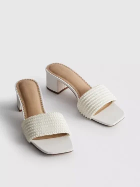 Sandale tip mule cu pantofi cu toc gros din imitație de perle