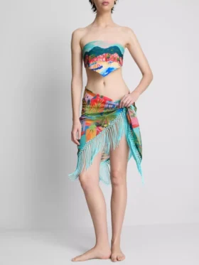 Sarong cu franjuri și imprimeu tropical